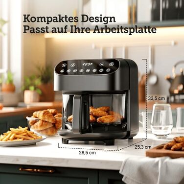 Скляна аерофритюрниця Kismile 4.7л, без PFAS, сенсорне керування, 1500 Вт, 8 програм, чорна