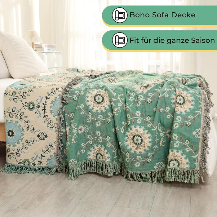 HOORDRY Reversible Boho Daybed Cover with Tassels, 230x250CM, 100% Cotton Woven Throw Blanket, Couch Throw, Living Room Throw, Reversible Throw, Cozy Blanket, Sofa Blanket, Armchair Blanket with Pattern, Sunflowers, Green/Beige Sunflower 230×250CM