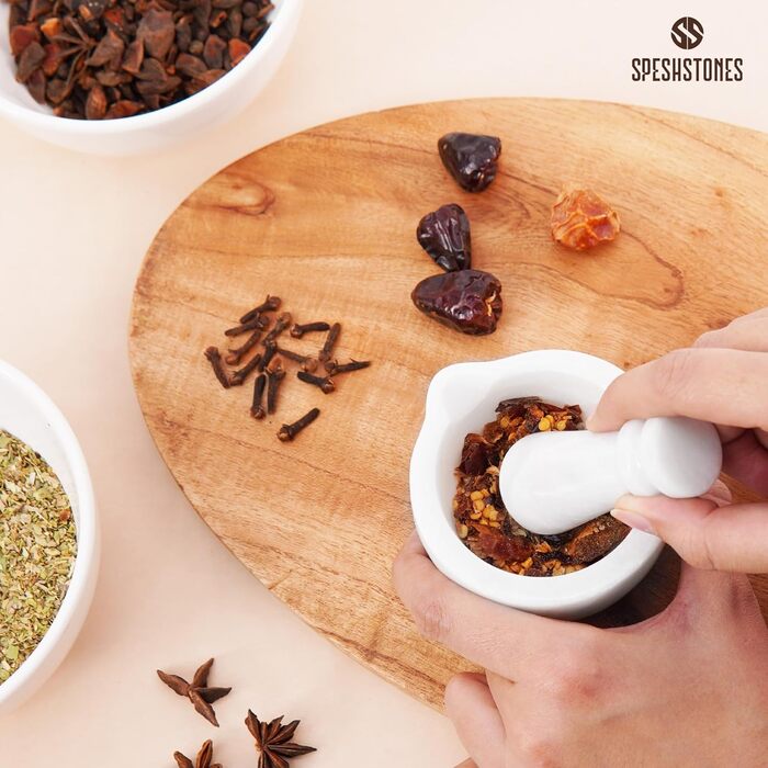 Набір ступки та пестика з мармуру, 7,6 см, ручної роботи, для кухні та декору, подрібнювач спецій та трав (білий)