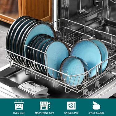 Набір посуду Steingut 24 штуки Vancasso AMBER: тарілки, супові тарілки, десертні тарілки, миски, реактивна глазур, морський блакитний, для 6 осіб, стійкий до миття в посудомийній машині