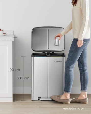 SONGMICS Відро для сміття 40 л з 2 відсіками (2 x 20 л), металевий третемер з пластиковим внутрішнім відром, Softclose, герметичний, білий LTB40WT (срібний)