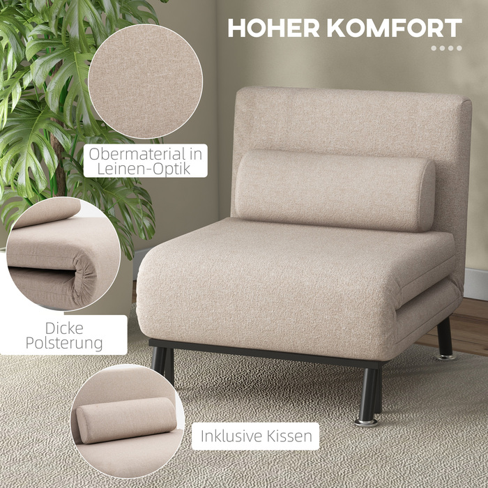HOMCOM Sleeper Chair, Folding Chair with Bed Function, Back Cushion, Folding Recliner Chair with Linen Look, Adjustable Backrest, Holds up to 150 kg, for Living Room, Beige | Aosom