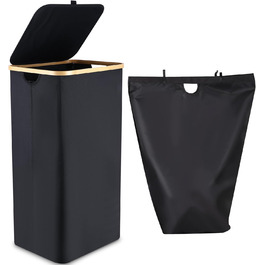 Laundry Basket with Lid 100L, Laundry Box with Bamboo Handles and Inner Pocket, Bamboo Laundry Collector, Large Capacity, Laundry Baskets, Foldable Laundry Baskets for Laundry Room, Bedroom, Bathroom (black)