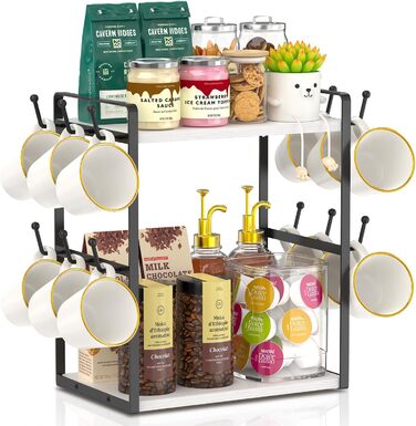 EsLuker.ly 2-Tier Mug Holder and Cup Stand, Mug Shelf for Coffee Cups, Coffee Organizer for Countertop, Coffee Station Organizer with Mug Holder, Vintage Brown-Black (14.4