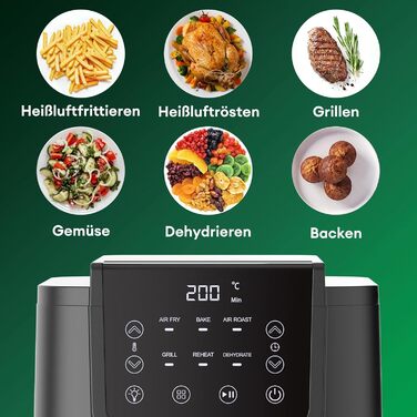 Аерофритюрниця CHEFREE 5 л для сім'ї, 6-в-1, багатофункціональна, з оглядовим вікном, до 200°C, 1500 Вт, чорна, модель AFW01