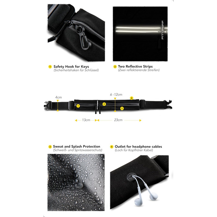 Пояс для телефону Fitgriff® - спортивний пояс для бігу, джогінгу, фітнесу. Підходить для смартфонів S-M, обхват талії 62-90 см, чорний