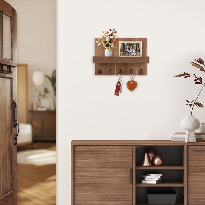 Дерев'яне ключове дощечка з полицею, 5 гачків, для прихожої, спальні, вітальні (колір: коричневий)