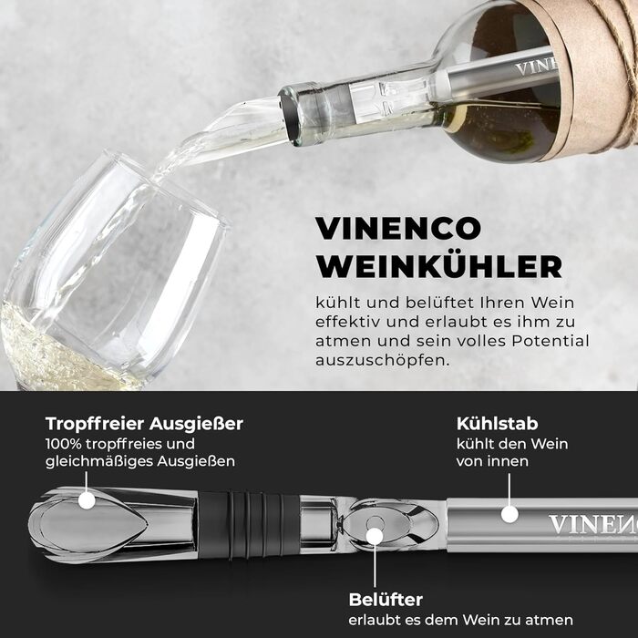 Набір для охолодження вина VINENCO DAS ORIGINAL: охолоджувач пляшок + декантер 7-в-1. Преміум аксесуари для вина: сталь, декантер, аератор, виливач. Ідеальний подарунок для жінок та чоловіків. Набір для червоного та білого вина з 2 охолоджувачами.