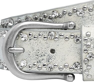 Жіночий ремінь Caspar GU292 сріблястого кольору з непомітним декором зі страз та заклепок, розмір 105-115 см