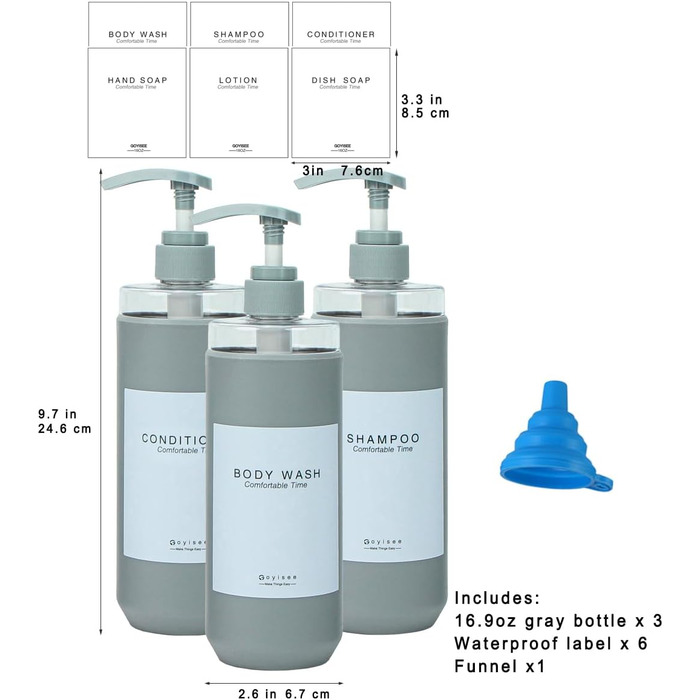Набір дозаторів для душу Goyiseе, 3 шт, сірий (для мила та шампуню)