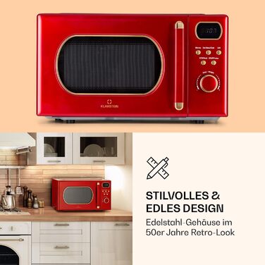 Мікрохвильова піч Klarstein з грилем, 800 Вт, 20 літрів, з функцією розморожування та піци, поворотний стіл, компактна, проста у використанні (червона)