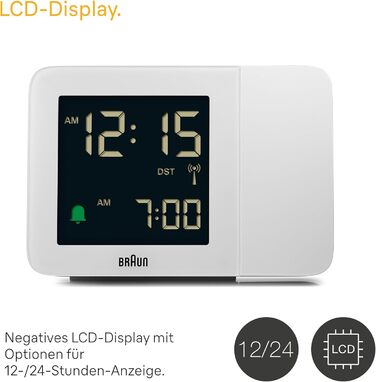 Braun Digital Radio Projection Clock for Central European Time Zone (DCF) with Negative LCD Display, Quick Set and White Alarm Beep, BC15W-DCF.