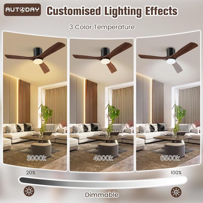 Стеляний вентилятор з дерева з підсвічуванням та керуванням, 132 см, 24W LED, DC-двигун, 6 швидкостей, таймер, пульт дистанційного керування