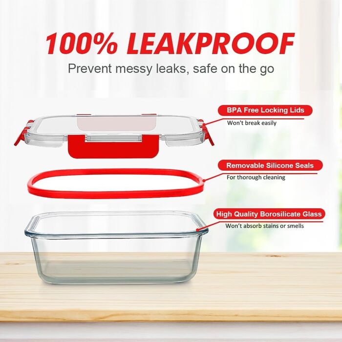 Набір контейнерів Verones 24 шт. з кришками, повітряний, скляний, для обіду, червоний