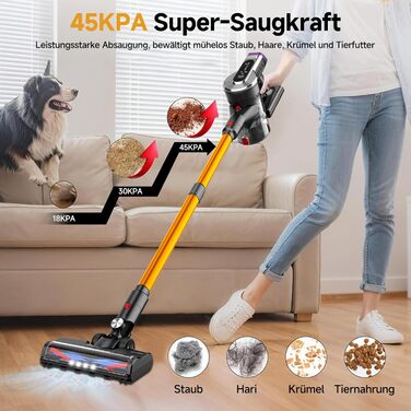 Акумуляторний бездротовий пилосос Hearten 4-в-1 з LED-дисплеєм та антизаплутувальною щіткою, керуванням в один дотик, LED-підсвічуванням для шерсті тварин/килимів/твердих підлог (Золотий)