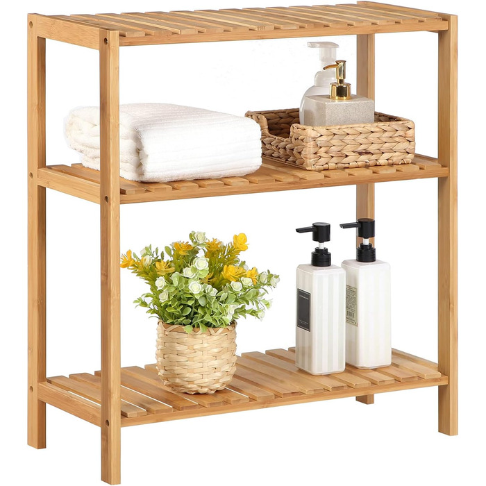 SONGMICS 3-Tier Shelves Bathroom Shelf, Bathroom Rack, Kitchen Shelf, Shoe Shelf, Bamboo Stand Shelf, 60 x 26 x 66 cm ideal for Bathroom, Living Room, Hallway, Kitchen, Balcony BCB33Y