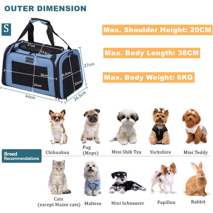 Транспортна переноска для котів та маленьких собак Petsfit, блакитна, S, з захисним ременем та розкладною матрацом