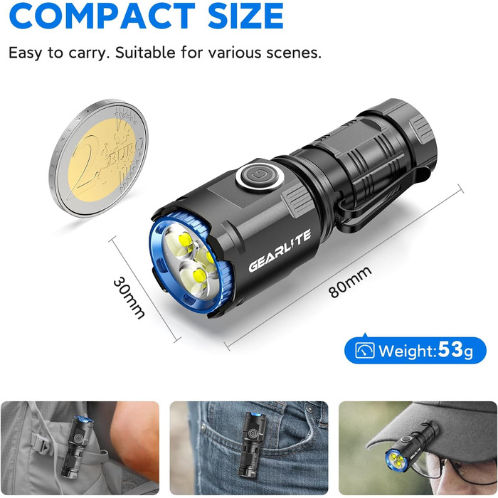 LED ліхтарик GEARLITE EDC Mini - 5000 люмен, 5 режимів, акумуляторний, IPX4, магнітна кришка