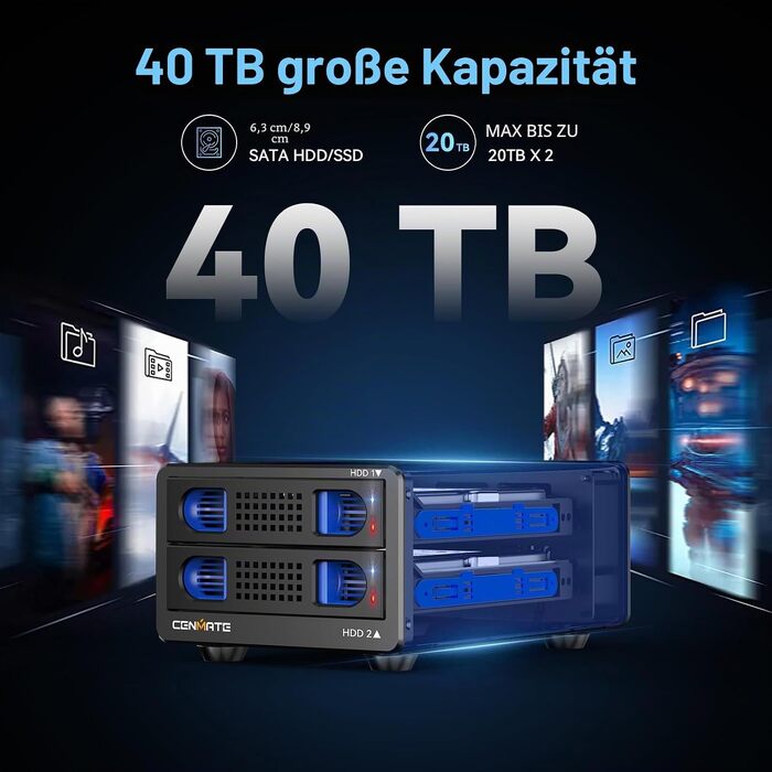 Зовнішній корпус для HDD/SSD CENMATE 802TC, 2 слоти 2.5/3.5 SATA, 10Gbps, USB 3.2 Type-A/C, з охолодженням та Hot Swap
