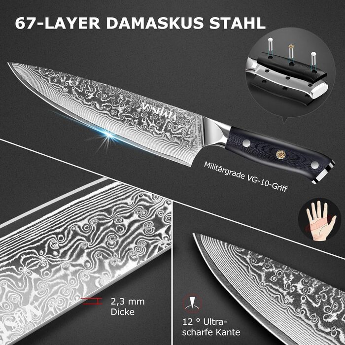 Японський кухонний ніж MOSFiATA Damast 8 дюймів (20 см) - професійний ніж шеф-кухаря з дамасткової сталі, з точилкою та захистом пальців. Ідеальний подарунок