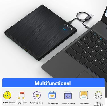 Зовнішній CD/DVD-привід USB 3.0 Type-C з аудіовиходом та USB-портами, тонкий DVD-RW плеєр та записувач для ноутбука, MacBook, Apple, чорний