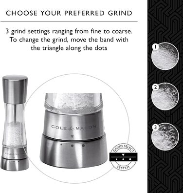 Cole & Mason Derwent Salt & Pepper Mill Set – 19cm, Adjustable Ceramic Grinder, Stainless Steel & Acrylic Design, Color: Stainless Steel, Precise Grinding, Durable