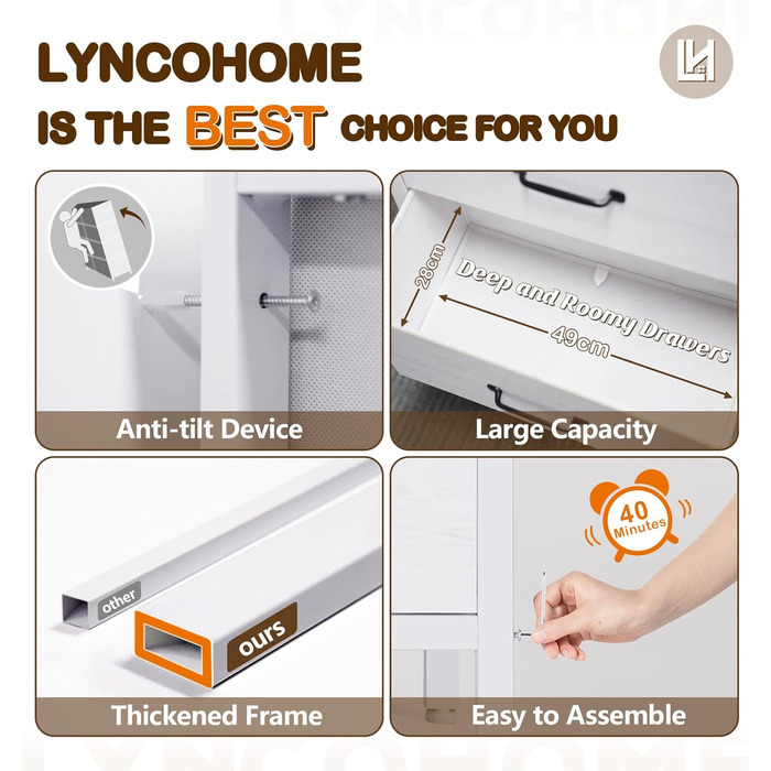 LYNCOHOME Dresser with Drawers, Fabric Chest of Drawers, TV Stand Sideboard with 6 Fabric Drawers, Storage Cabinet Bedroom Chest of Drawers Kitchen Organizer Furniture for Office Hallway (White-4*2l-uk)