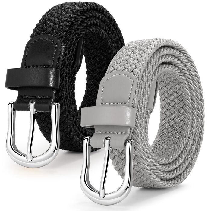 Жіночий плетеный еластичний пояс JASGOOD, льон, 2.5 см, чорний + сірий (срібна пряжка), розмір M (до 86 см)