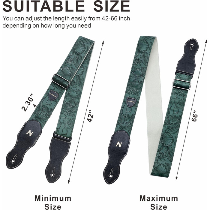 Гітарний ремінь Nefelibata з кишенькою для медіатора, 2.3-дюймовий шкіряний ремінь у стилі Porter, якісна шкіра, вінтажний стиль 60-х, вестерн, з медіаторами, кнопками та застібками. Регульована довжина: 42-66 дюймів. Колір: C# - Зелений