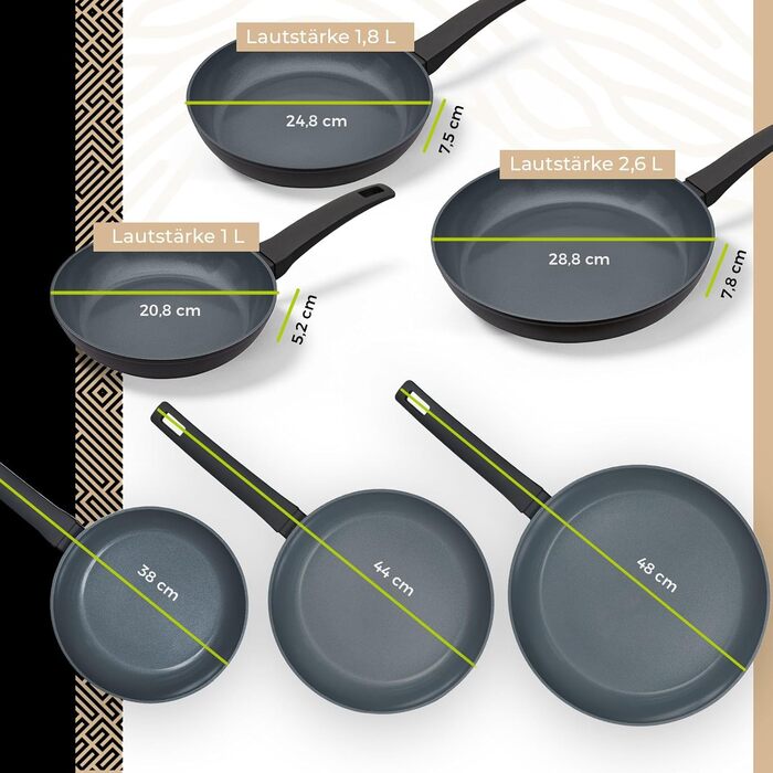 Набір сковорідок Be Living Delight 4 шт. (20/24/28 см + Вок 28 см з кришкою), антипригарне покриття кераміка, для індукційних плит, без PTFE та PFOA, чорний