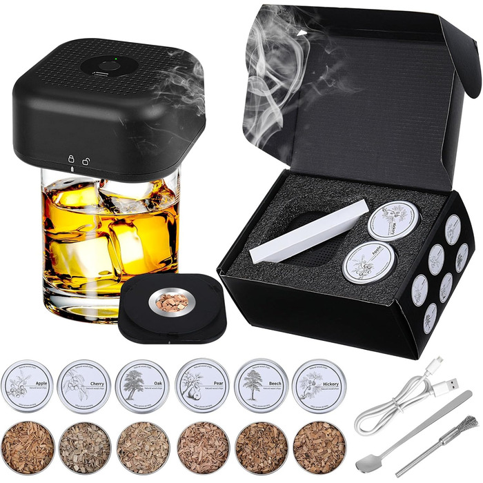 Електричний набір для копчення коктейлів та віскі з 6 дерев'яними стружками. Безпаливний аксесуар для напоїв. Подарунок для чоловіка/батька