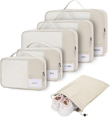 ECOHUB Luggage Organizer Set, 6-Piece Packing Cubes with ID Tag, Recycled Packing Cubes for Travel, Lightweight Packing Bags for Suitcases, Breathable Travel Backpack Organizer, Patent Pending (Beige)