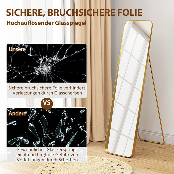 HOMCOM Full-Length Mirror 160 x 40 cm Slim Standing Mirror with Metal Frame and Shatter-Resistant Glass, Wall Mirror for Standing, Leaning, Mirror for Living Room, Bedroom, Hallway, Gold | Aosom
