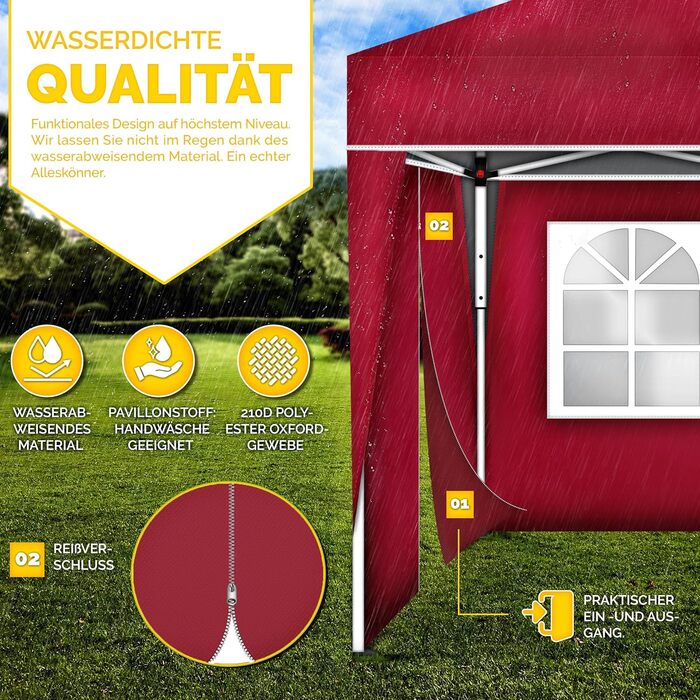 3x3m Waterproof Gazebo | Pop-Up Folding Gazebo with Adjustable Height | Garden Tent with UV Protection 50+ | Party Tent with Bag for Garden (Red - with 2 Side Panels)