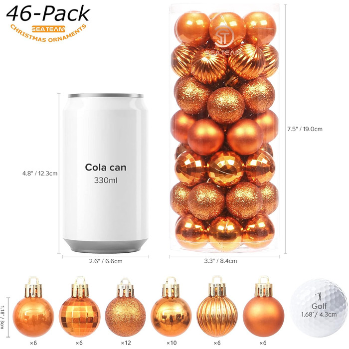 41 штука прикрас для ялинки Sea Team з міцного пластику з ниткою, середнього розміру (60 мм), оранжеві та 30 мм для декору ялинки, вечірки, весілля