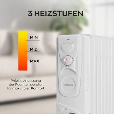 Електричний масляний радіатор Heinrich з 13 ребрами, 2500W, з вентилятором, терморегулятором, захистом від перегріву та нахилу, чорний