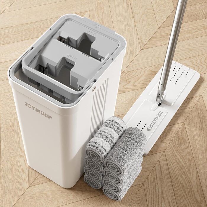JOYMOOP Wischmopp та відро з віджимачем, безконтактний плоский швабр, система прибирання підлоги, 3 мікрофібрових насадок, для вологого та сухого прибирання (відро #2124 + подовжений тримач + 8 насадок)