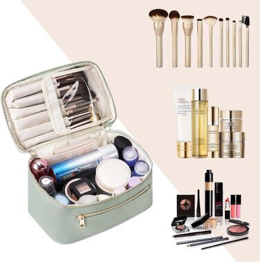 Косметичка для жінок, велика дорожня косметичка для макіяжу з відділенням для пензликів, органайзер, культиватор, з PU-шкіри, переносний мішечок для макіяжу, зелений (патент)