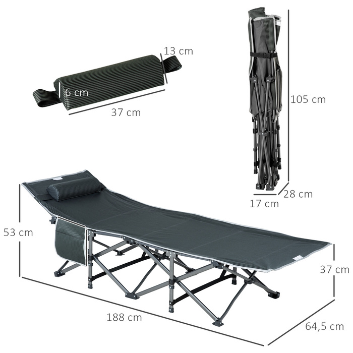 Outsunny Folding Sun Lounger with Head Pillow and Side Pocket, Integrated Storage Bag, Metal and Oxford Fabric, 188 x 64.5 x 53 cm, Grey | Aosom