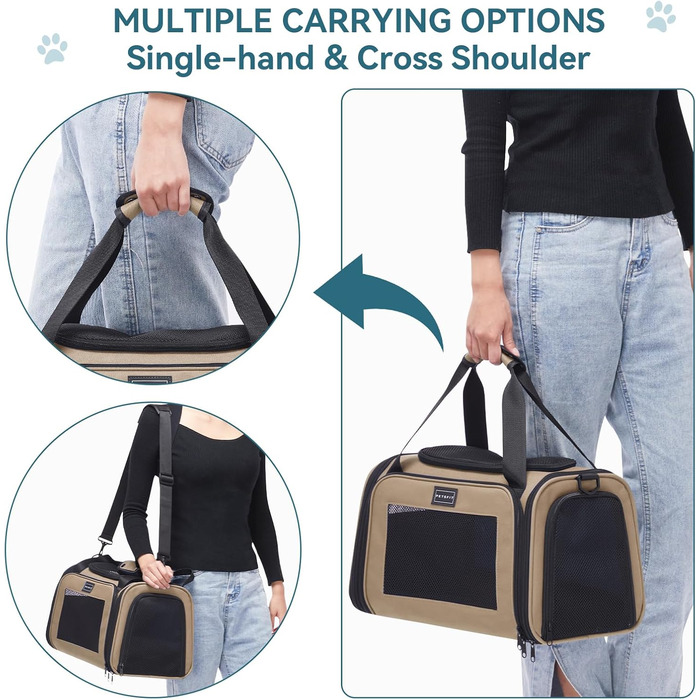 Транспортна переноска для котів та маленьких собак Petsfit, легка сумка-переноска для собак та котів, підходить для подорожей літаком, з ременем безпеки та розширеним килимком, S/Khaki