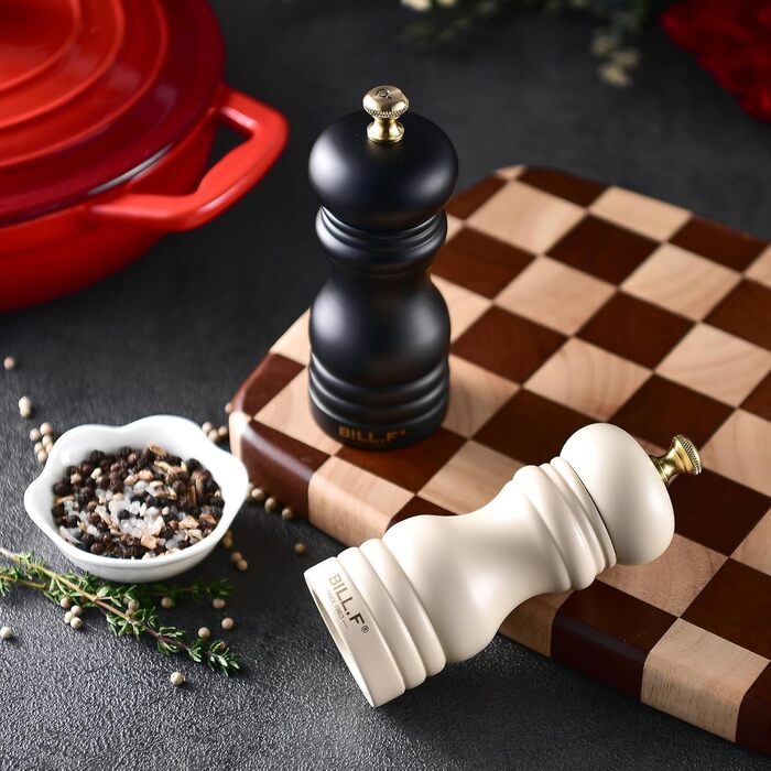 Набір для солі та перцю Bill.F, 2 шт., дерев'яні, ручні, з регульованим керамічним млином, 13,5 см (чорний та кремовий)