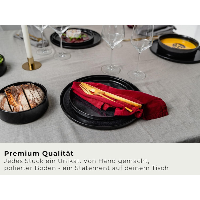 Igunja Stoneware Dinnerware Set - 12 Piece Set for 4 People | Reactive Glaze | Matte Black Dinner Set (Handmade, Premium Quality)