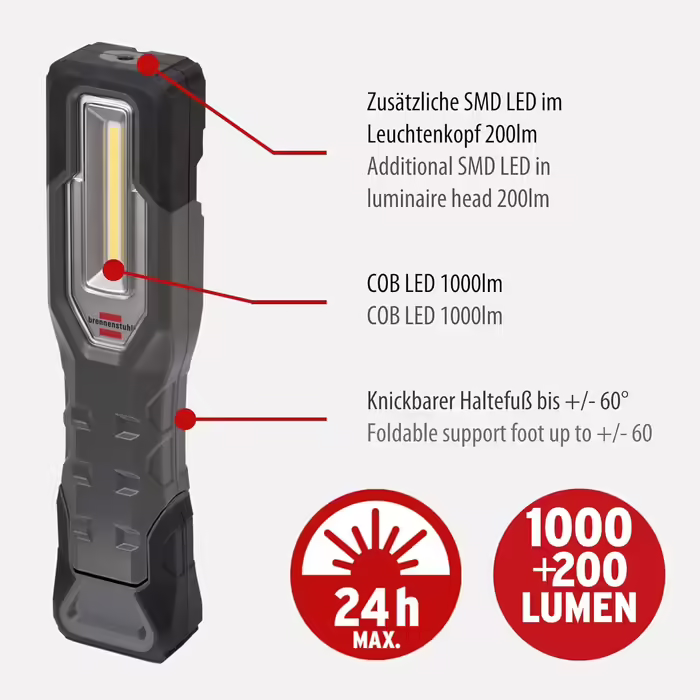 Brennenstuhl LED Rechargeable Hand Lamp HL 1000 A IP54 / LED Work Light for Outdoor Use with COB LED (1000+200lm, up to 24h battery life, LED workshop lamp with magnets and hook, USB-C charging interface)