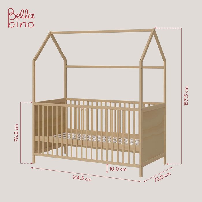 Bellabino Nika Babybett in House Design 70 x 140 cm, cot and house bed for children and babies made of solid pine wood in natural finish, 3-fold height adjustable including slatted base.