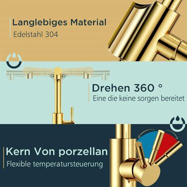 Змішувач для кухні FORIOUS з висувною лійкою та душем, 360° обертання, 2 режими, матовий золотий