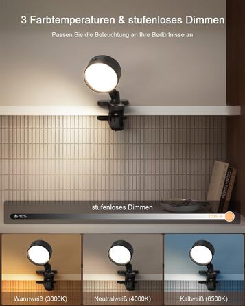 Нічник на ліжко акумуляторний бездротовий з USB-C, 5000mAh, з кліпсою, димуючий сенсорний пульт, 3 кольори, поворотний на 360°, для спальні, кемпінгу, чорний