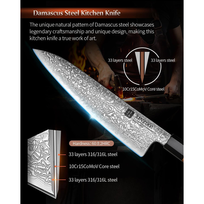 Японський ніж XINZUO Damaststahl Kiritsuke 21.5 см з нержавіючої сталі Дамаск, ніж шеф-кухаря Gyuto з ручкою з оливкового дерева та чорного рогу буйвола, з піхвою (набір з 5 ножів)