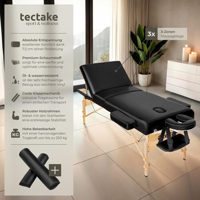 Мобільний масажний стіл Tectake®: складаний, з 3 зонами, регульована висота, підголовник та підлокітники, з дерев'яними ніжками, у комплекті з сумкою та масажними роликами (чорний)