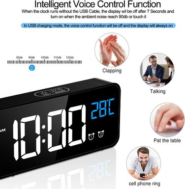 Цифровий годинник MOSUO з LED-дисплеєм, USB-зарядка, показник температури, голосове керування, 2 будильники, відкладений сигнал, регулювання яскравості та гучності (Чорний)