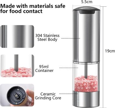 Rechargeable Electric Salt and Pepper Grinder Set with Base, Stainless Steel Spice Grinders with 95ml Transparent Container, White LED Light, and Adjustable Coarseness